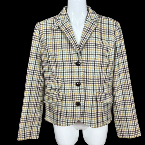 L.L. Bean Beige Plaid Wool Blend Button Front Tweed Blazer Size 14 - Picture 1 of 14